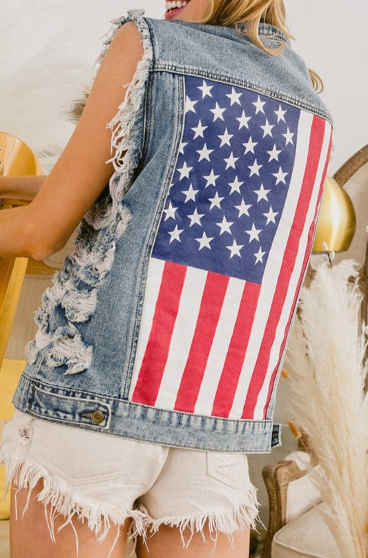 BiBi Distressed Raw Hem US Flag Sleeveless Denim Jacket