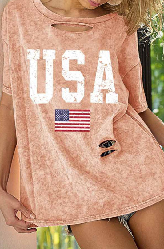 BiBi Washed American Flag Graphic Distressed T-Shirt