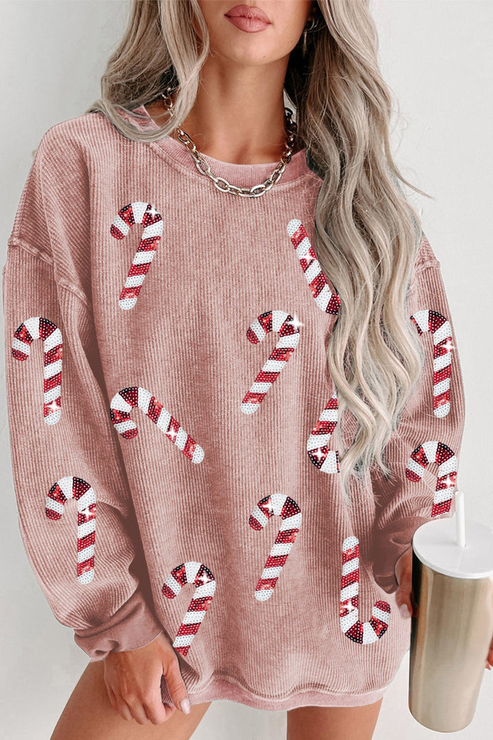 Sequin Candy Cane Wishes Sweatshirt - Cheeky Chic Boutique