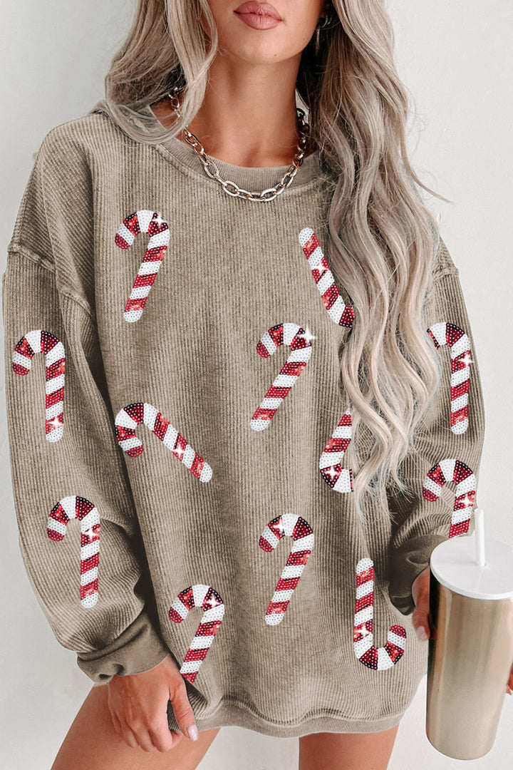 Sequin Candy Cane Wishes Sweatshirt - Cheeky Chic Boutique