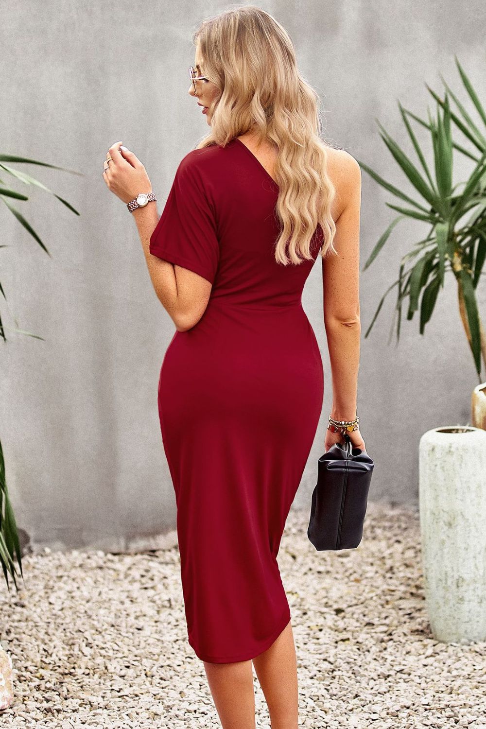 Ruched One-Shoulder Tulip Hem Midi Dress - Cheeky Chic Boutique