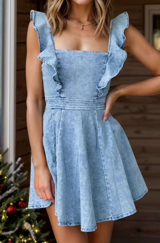 Ruffled Square Neck Mini Dress - Cheeky Chic Boutique