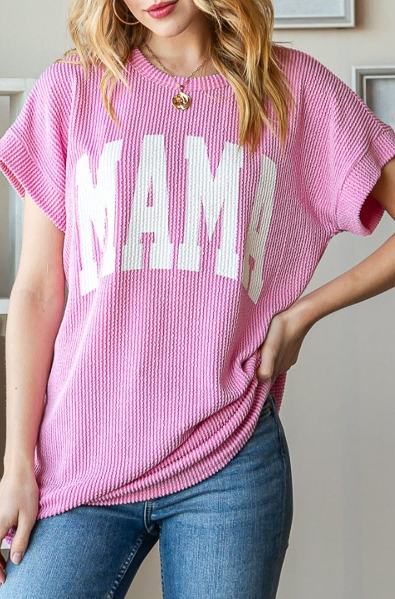 Pink Ribbed Mama Graphic Tee - Cheeky Chic Boutique