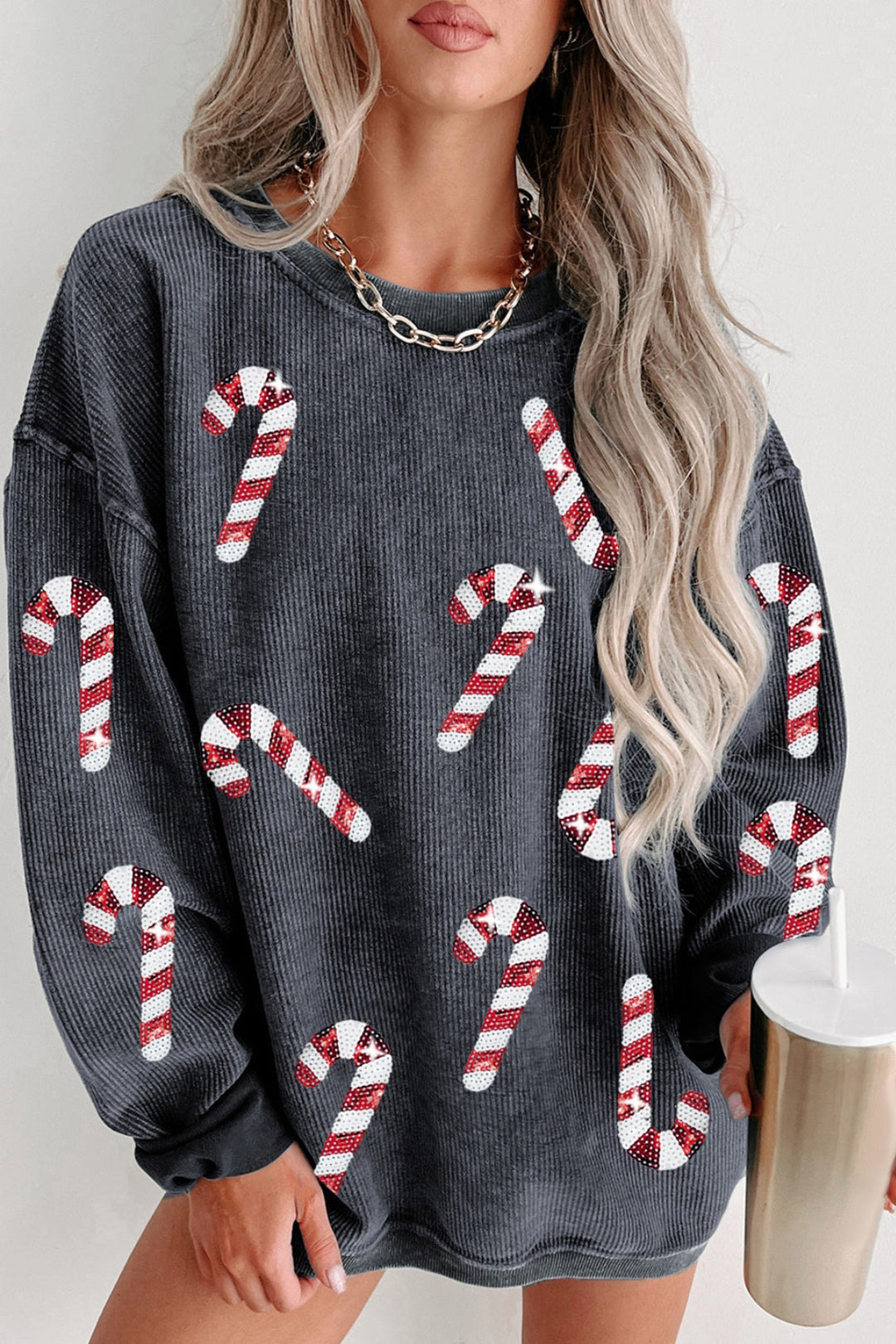 Sequin Candy Cane Wishes Sweatshirt - Cheeky Chic Boutique