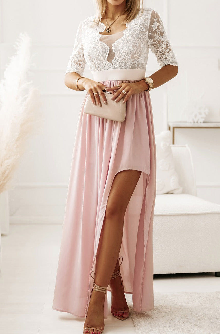 Lace Detail Half Sleeve Slit Maxi Dress - Cheeky Chic Boutique