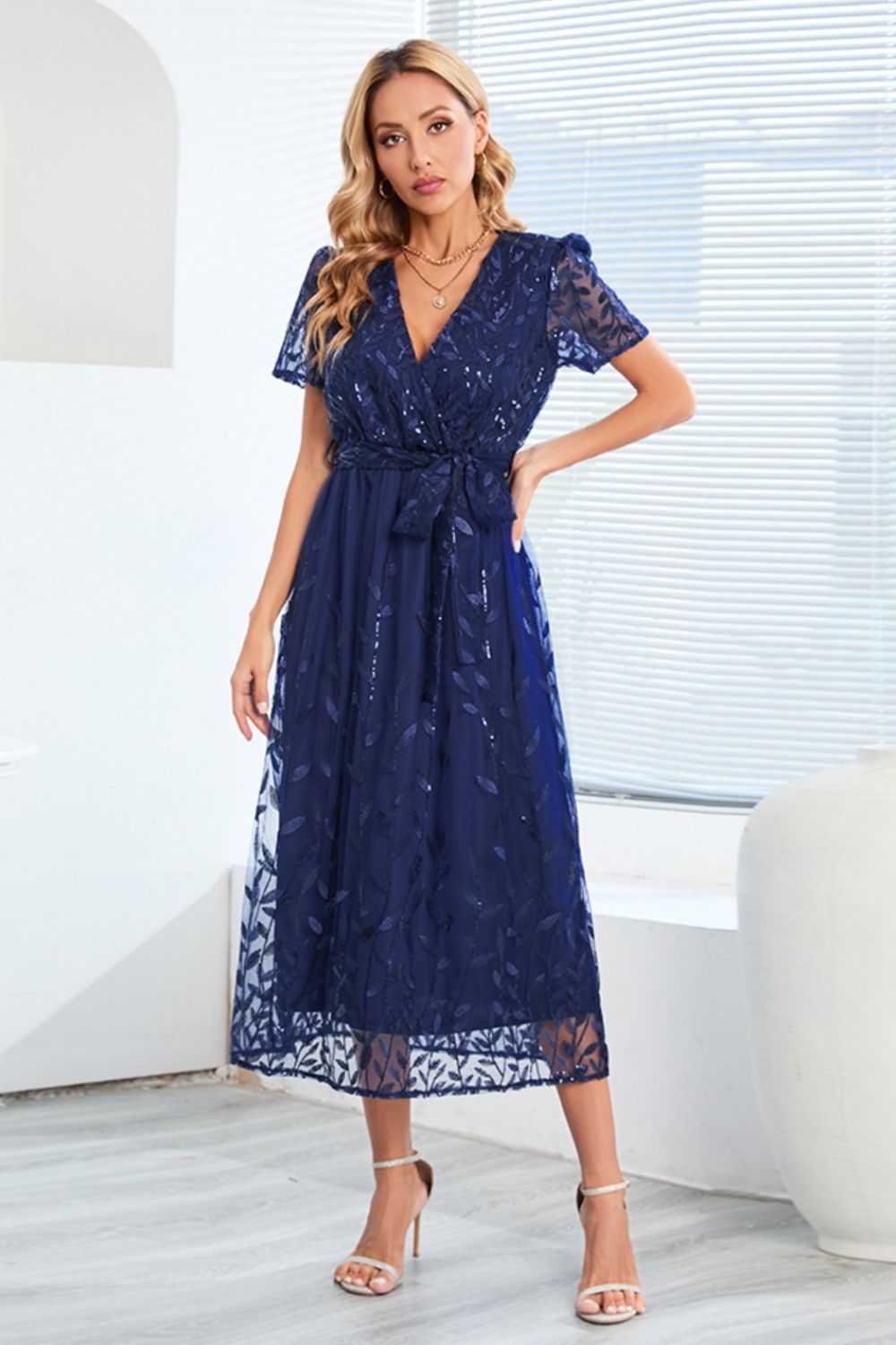 Sequin Leaf Embroidery Tie Front Short Sleeve Midi Dress - Cheeky Chic Boutique