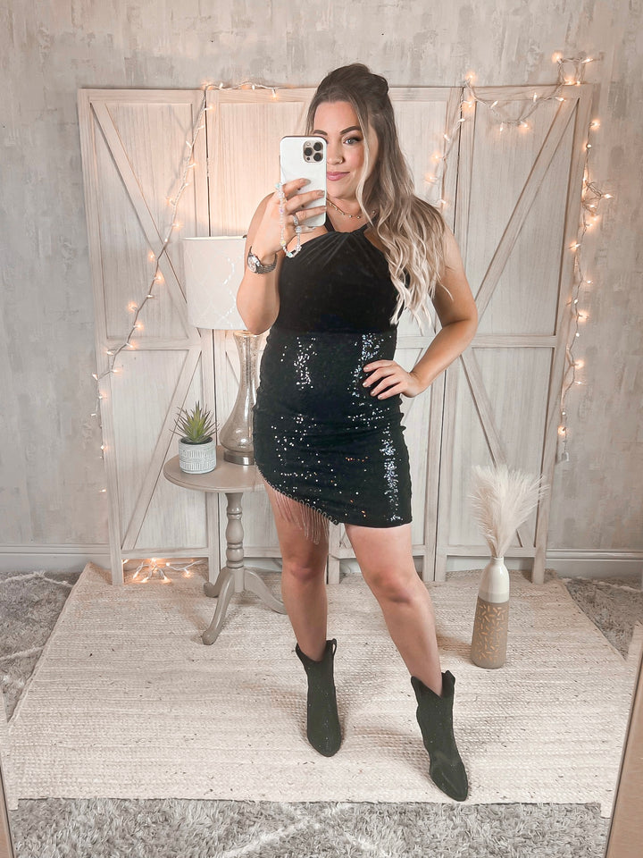 Country Glamour Sequin Fringe Detail Sleeveless Dress - Cheeky Chic Boutique