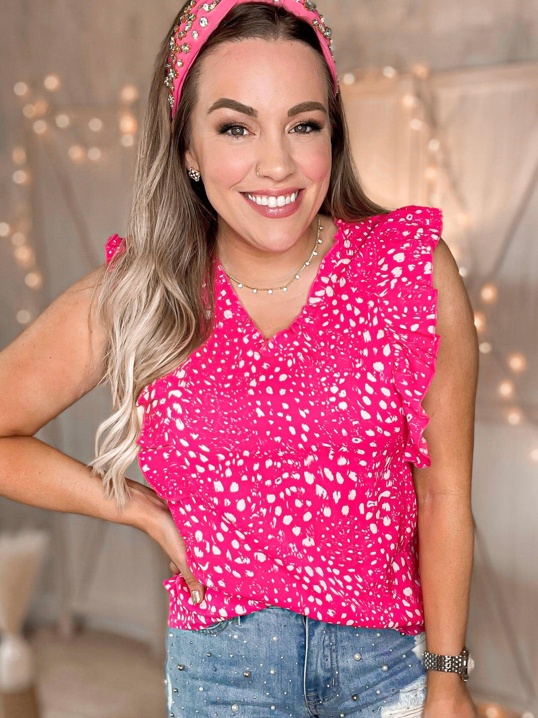 Bubble Party Printed V-Neck Butterfly Sleeve Tank - Cheeky Chic Boutique