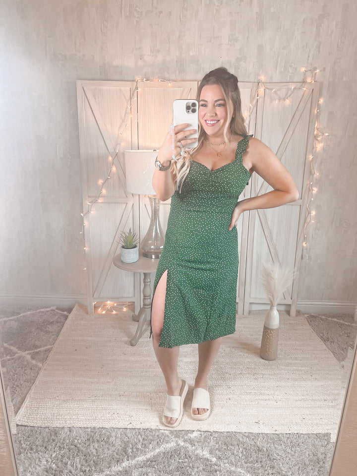 Time of Your Life Polka Dot Ruffle Strap Slit Dress - Cheeky Chic Boutique