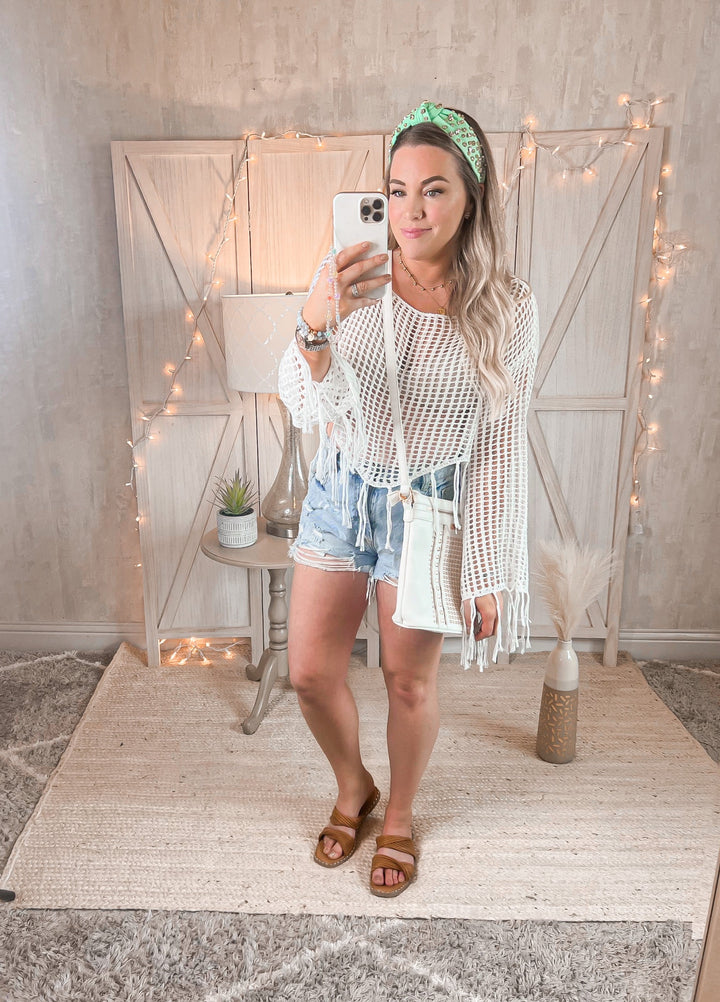 Ocean Drive Tassel Hem Openwork Long Sleeve Cover Up - Cheeky Chic Boutique