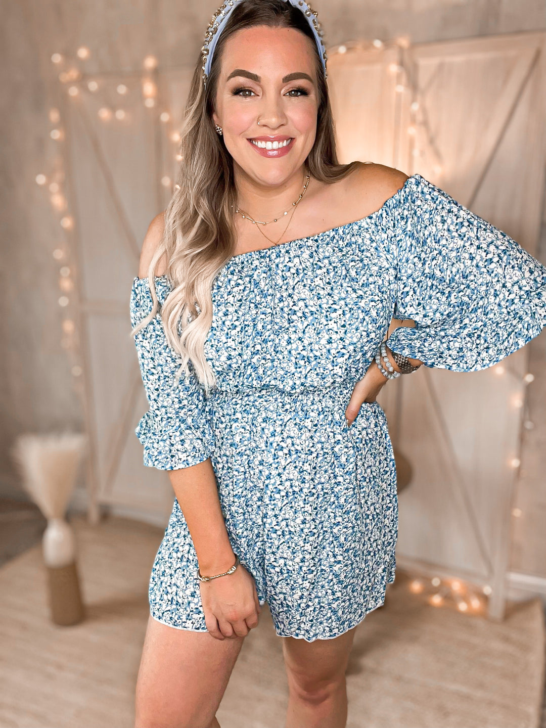 Flower & Sparklers Printed Flounce Sleeve Off-Shoulder Romper - Cheeky Chic Boutique