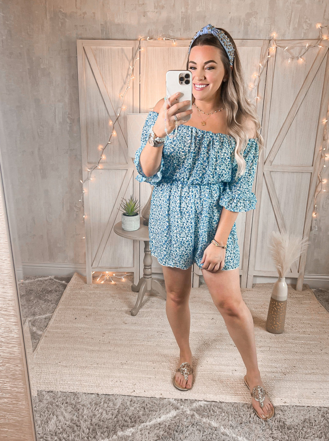 Flower & Sparklers Printed Flounce Sleeve Off-Shoulder Romper - Cheeky Chic Boutique