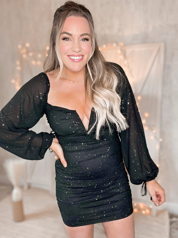 Starry Nights Glitter Ruched Balloon Sleeve Bodycon Dress - Cheeky Chic Boutique