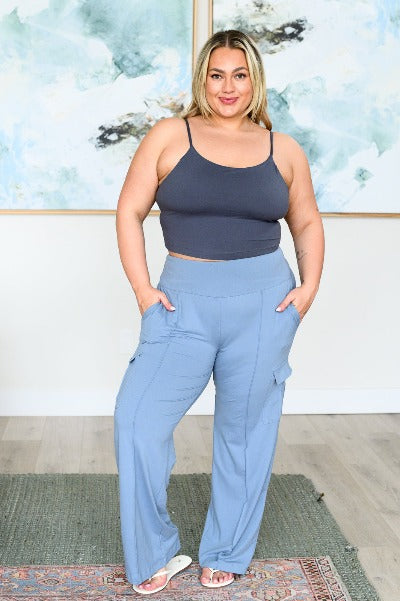 Race to Relax Cargo Active Pants in Chambray - Cheeky Chic Boutique