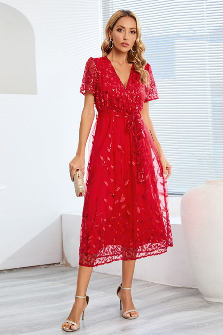 Sequin Leaf Embroidery Tie Front Short Sleeve Midi Dress - Cheeky Chic Boutique