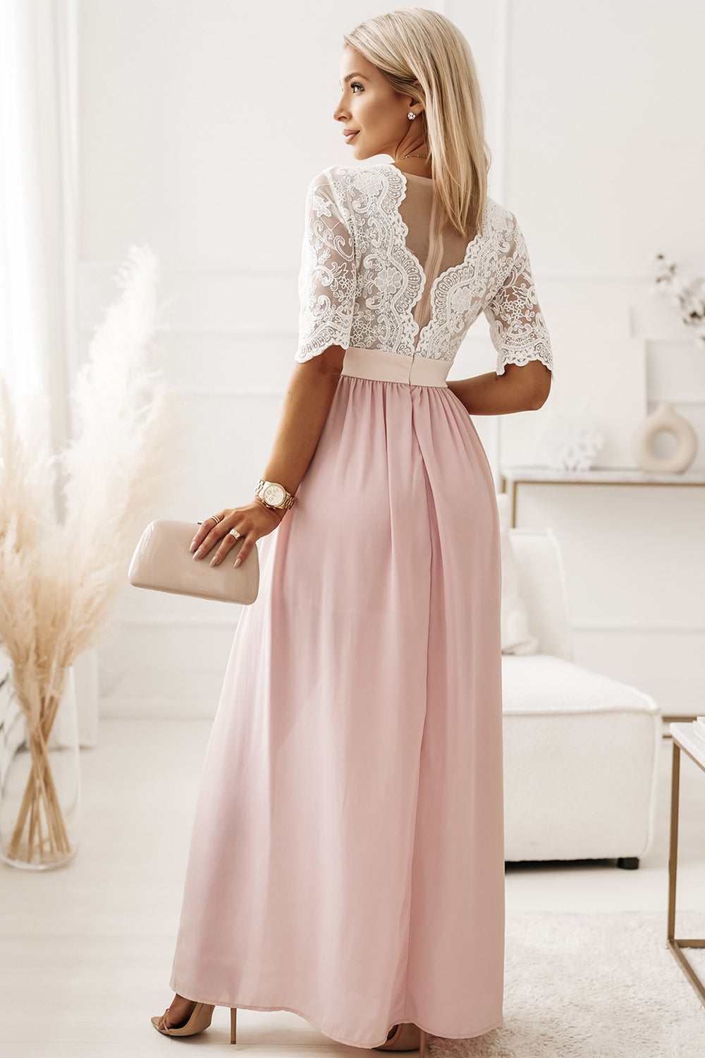 Lace Detail Half Sleeve Slit Maxi Dress - Cheeky Chic Boutique