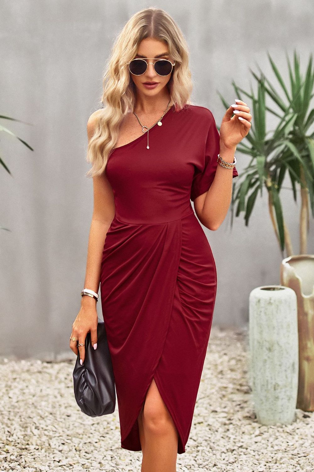 Ruched One-Shoulder Tulip Hem Midi Dress - Cheeky Chic Boutique