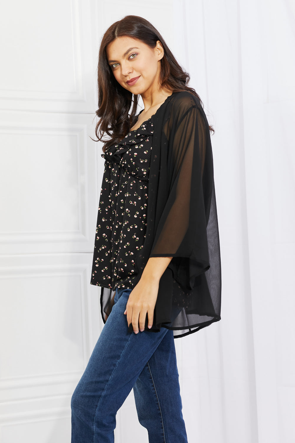 Melody Just Breathe Full Size Chiffon Kimono in Black - Cheeky Chic Boutique
