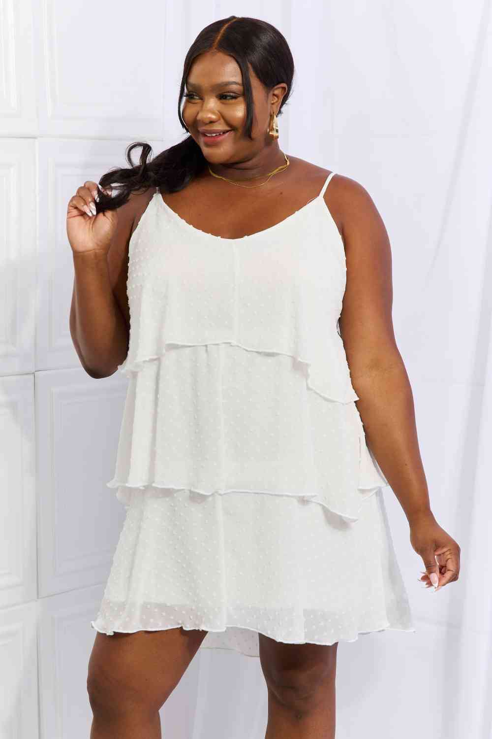 Culture Code By The River Full Size Cascade Ruffle Style Cami Dress in Soft White - Cheeky Chic Boutique