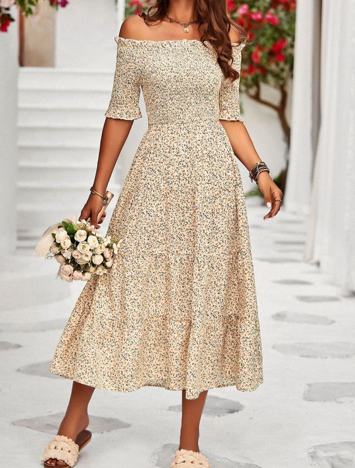 Printed Off-Shoulder Half Sleeve Midi Dress - Cheeky Chic Boutique