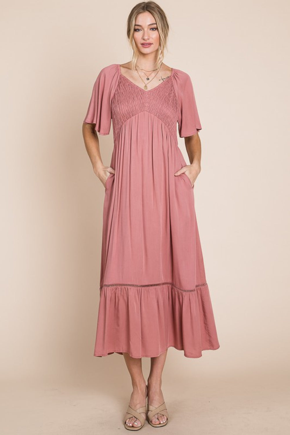 HEYSON Full Size Smocked Pocket Midi Dress in Rouge Pink - Cheeky Chic Boutique