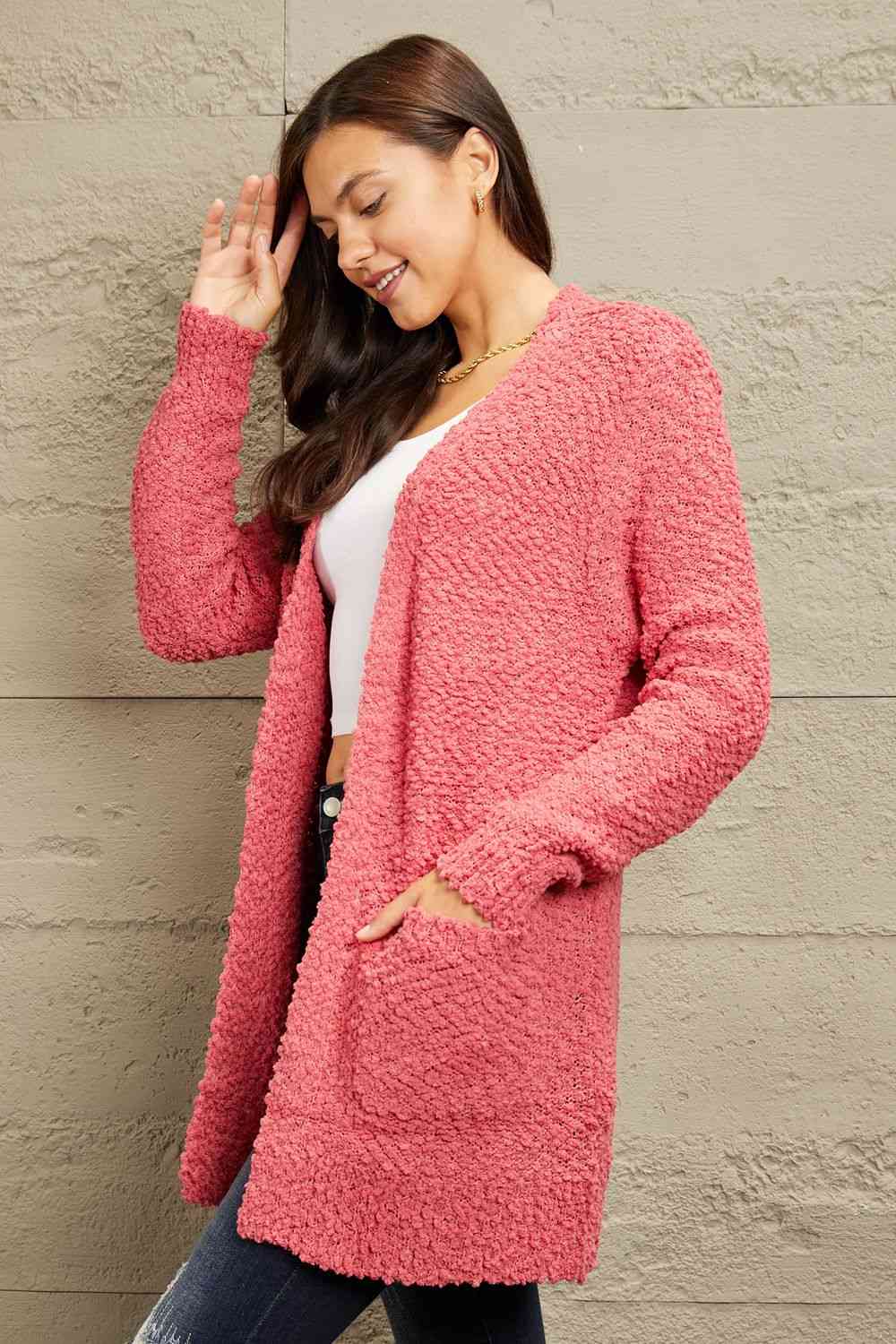 Zenana Falling For You Full Size Open Front Popcorn Cardigan - Cheeky Chic Boutique