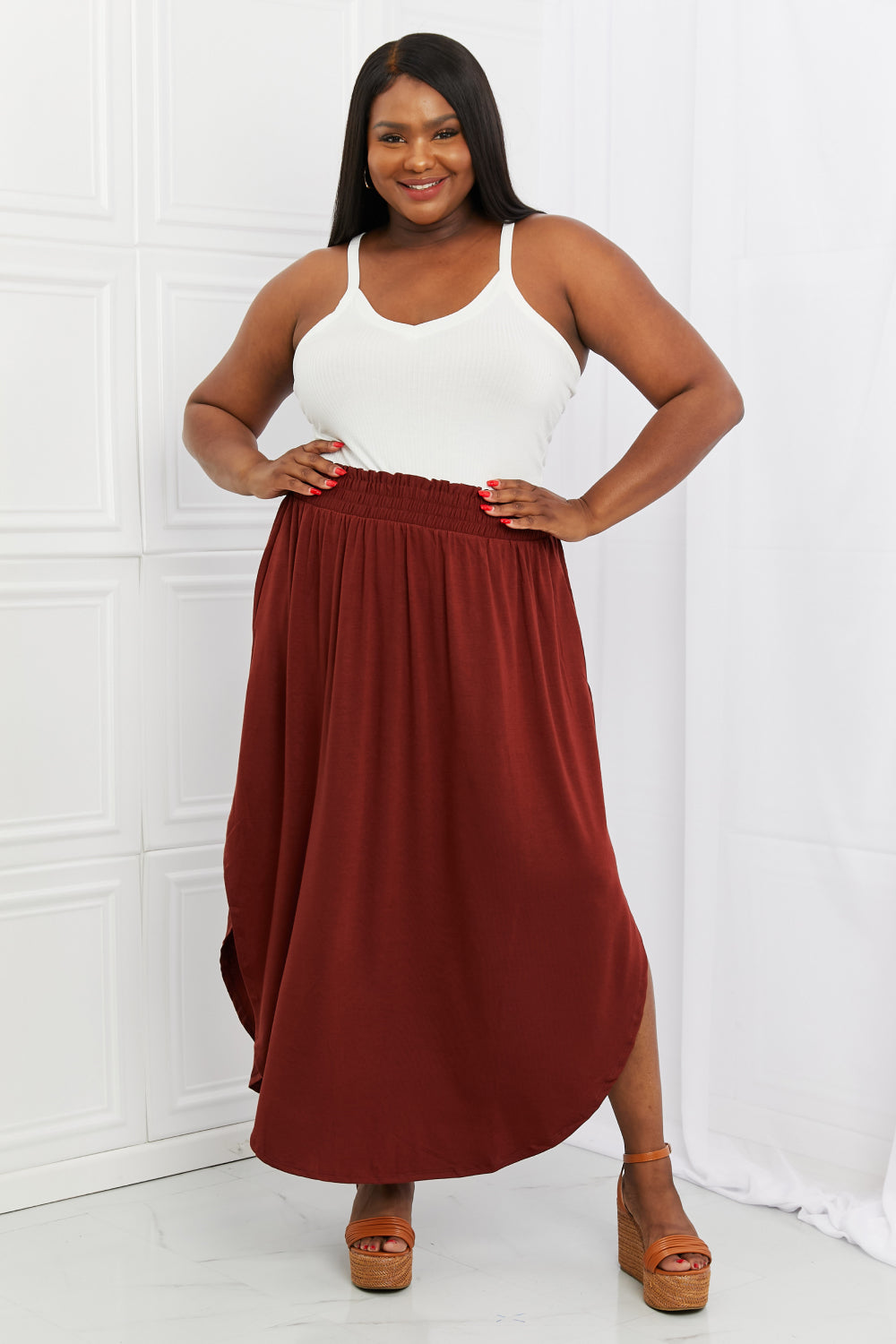 Zenana It's My Time Full Size Side Scoop Scrunch Skirt in Dark Rust - Cheeky Chic Boutique
