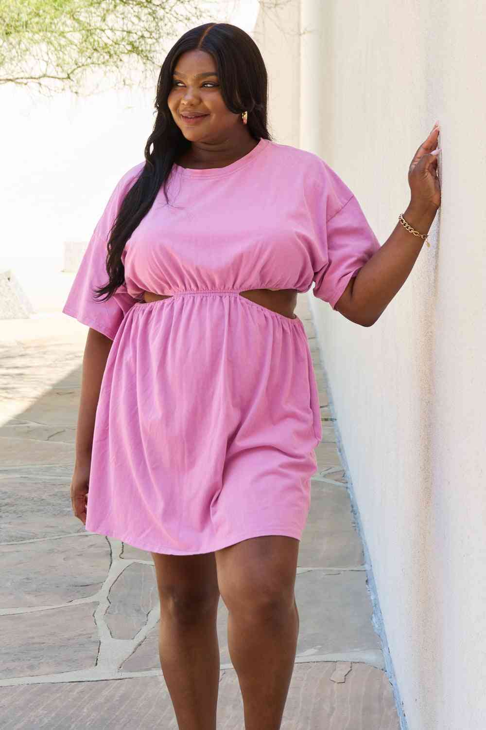 HEYSON Summer Field Full Size Cutout T-Shirt Dress in Carnation Pink - Cheeky Chic Boutique