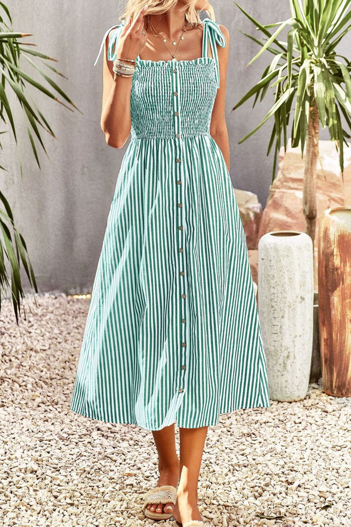 Smocked Tie Strap Sleeveless Striped Midi Dress - Cheeky Chic Boutique