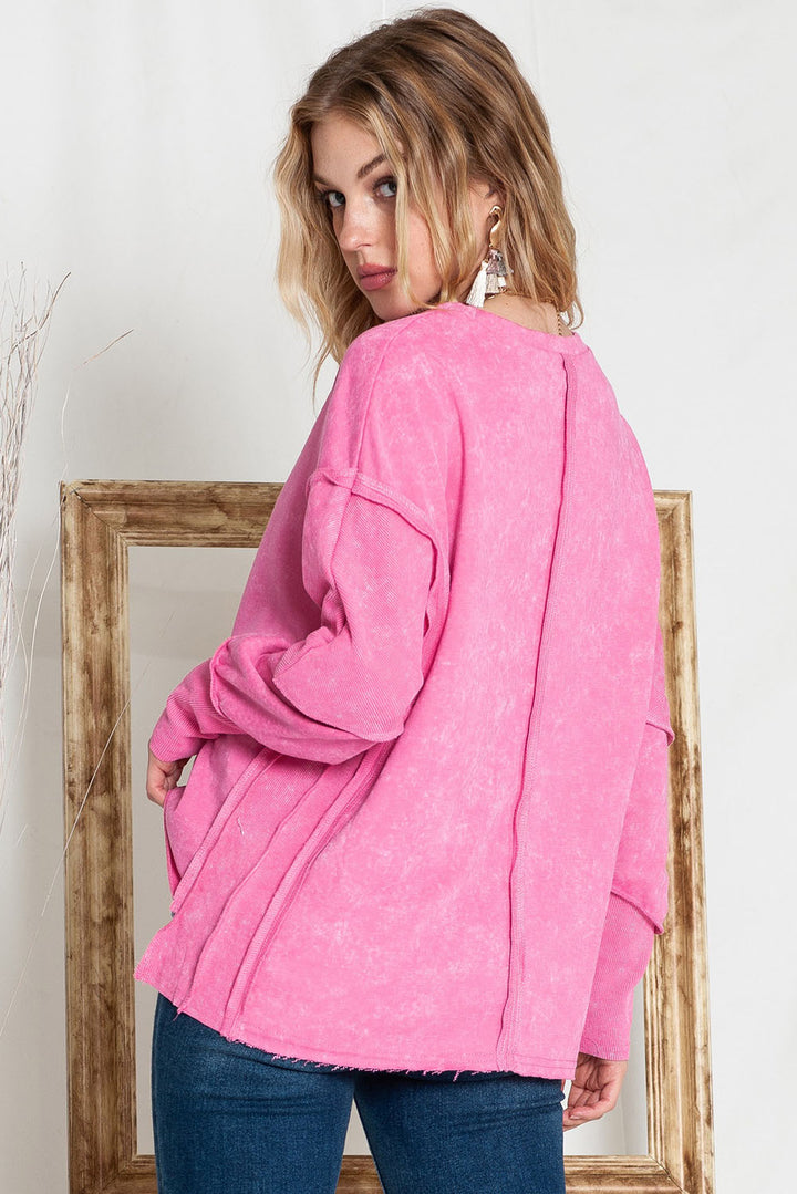 Exposed Seams Round Neck Dropped Shoulder Sweatshirt - Cheeky Chic Boutique