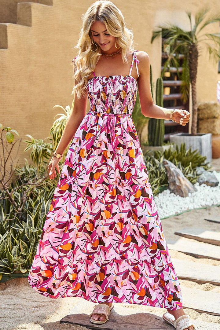 Printed Tie-Shoulder Smocked Maxi Dress - Cheeky Chic Boutique
