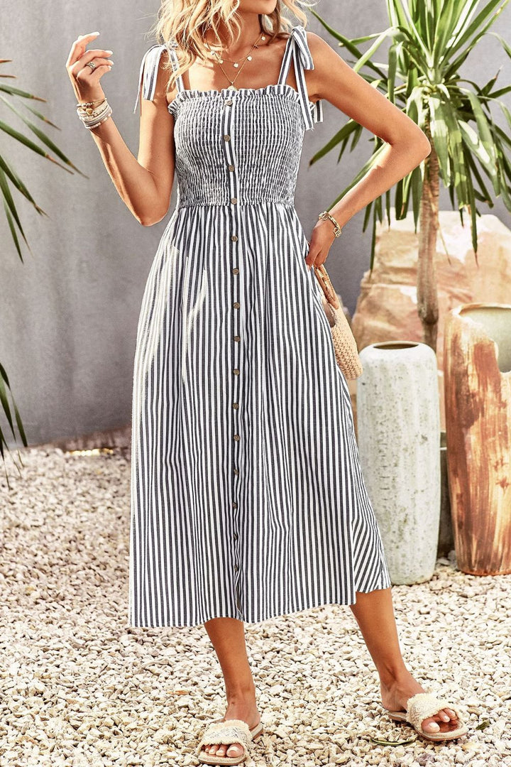 Smocked Tie Strap Sleeveless Striped Midi Dress - Cheeky Chic Boutique