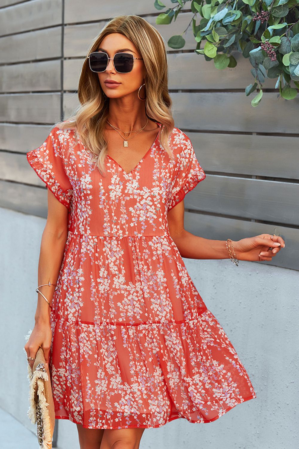 Printed V-Neck Short Sleeve Tiered Dress - Cheeky Chic Boutique