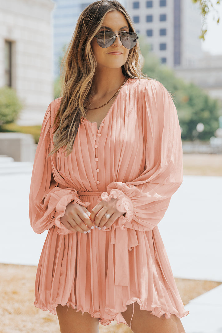 PRE-ORDER Pleated Button Front Flounce Sleeve Romper - Cheeky Chic Boutique