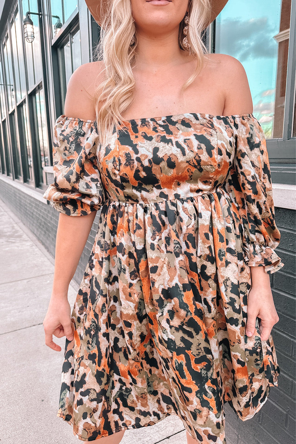 Printed Off-Shoulder Smocked Dress - Cheeky Chic Boutique