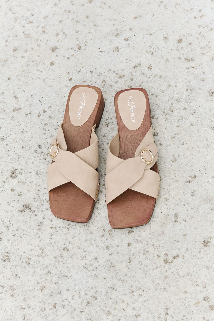 Forever Link Square Toe Cross Strap Buckle Clog Sandal in Sand - Cheeky Chic Boutique