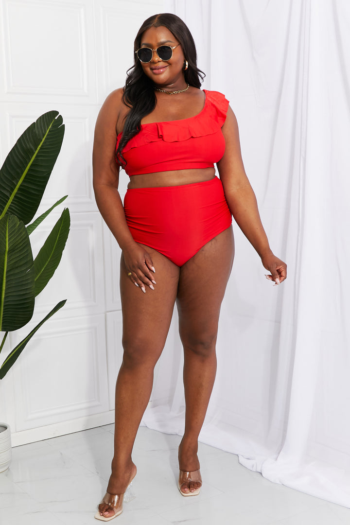 Marina West Swim Seaside Romance Ruffle One-Shoulder Bikini in Red - Cheeky Chic Boutique