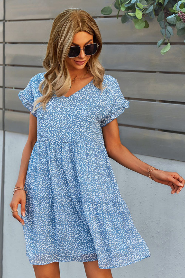 Printed V-Neck Short Sleeve Tiered Dress - Cheeky Chic Boutique