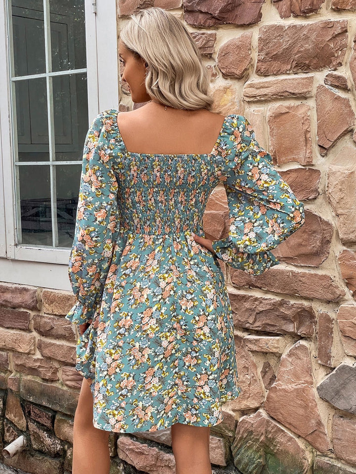 Floral Smocked Flounce Sleeve Square Neck Dress - Cheeky Chic Boutique