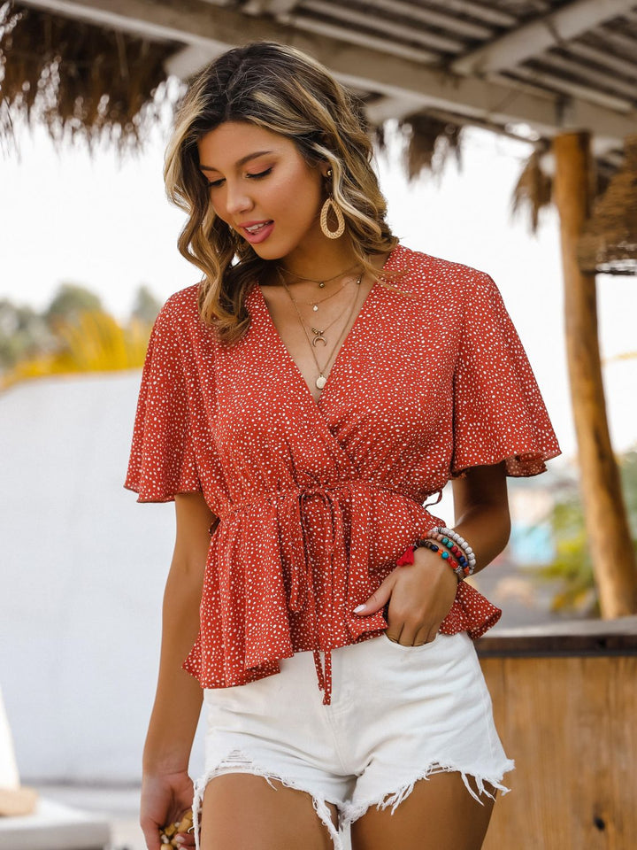 Printed Tied Flutter Sleeve Babydoll Blouse - Cheeky Chic Boutique