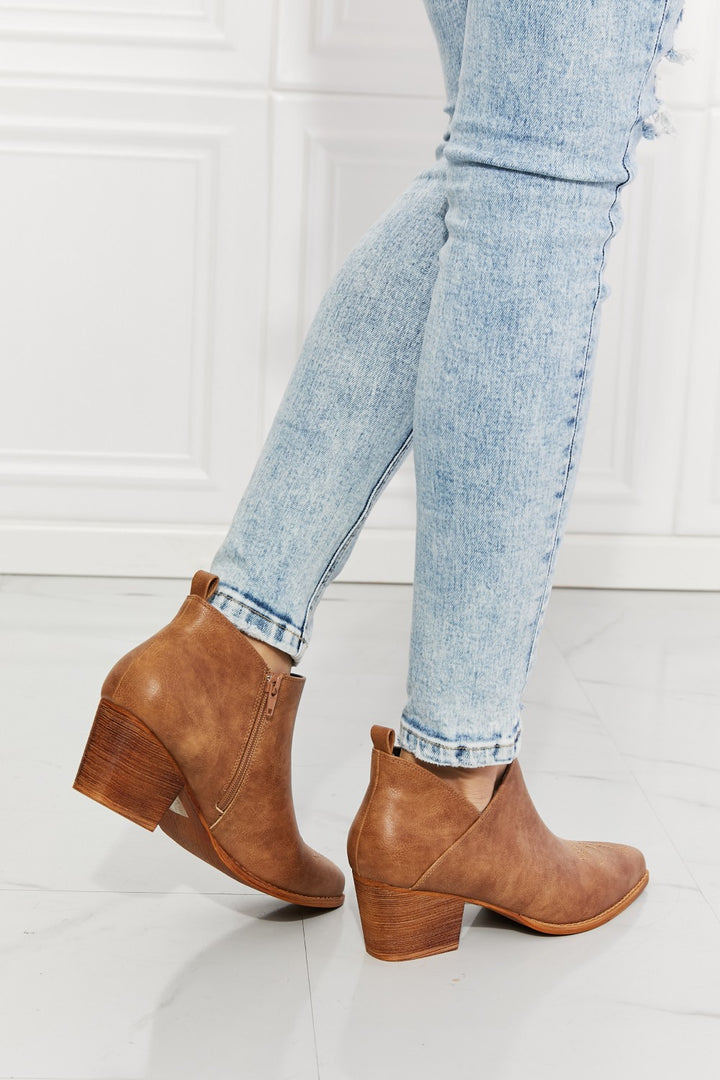 MMShoes Trust Yourself Embroidered Crossover Cowboy Bootie in Caramel - Cheeky Chic Boutique