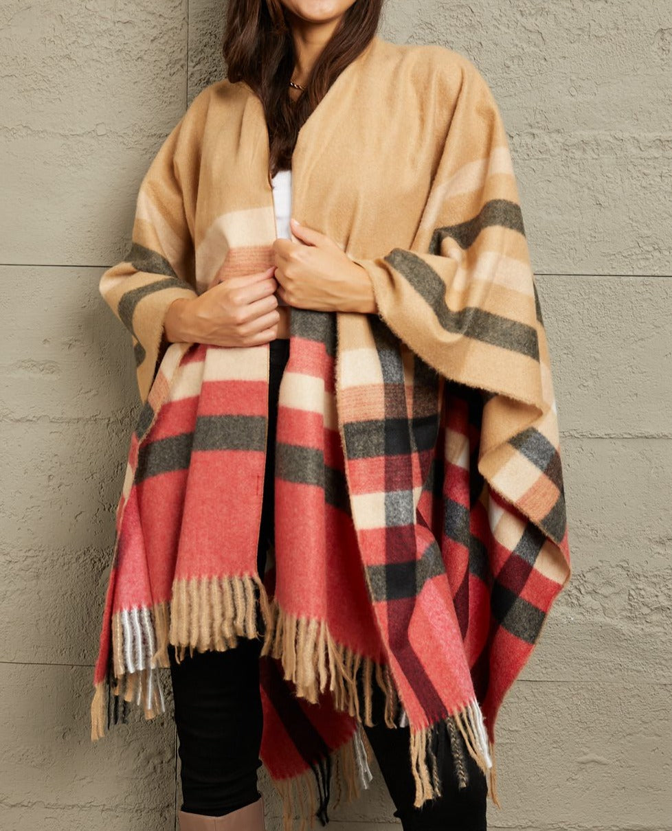 e.Luna Plaid Shawl Poncho Cardigan - Cheeky Chic Boutique
