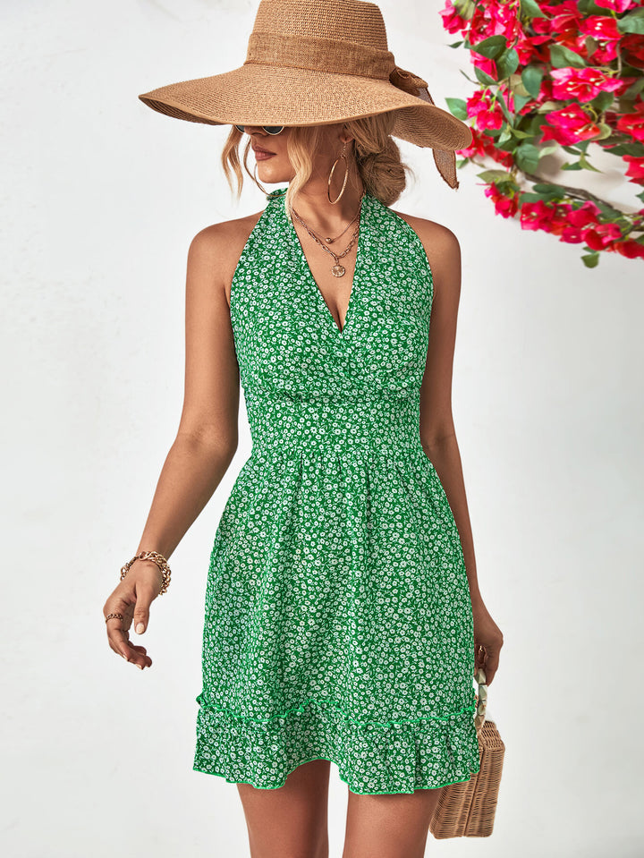 Ditsy Floral Halter Neck Ruffle Hem Dress - Cheeky Chic Boutique