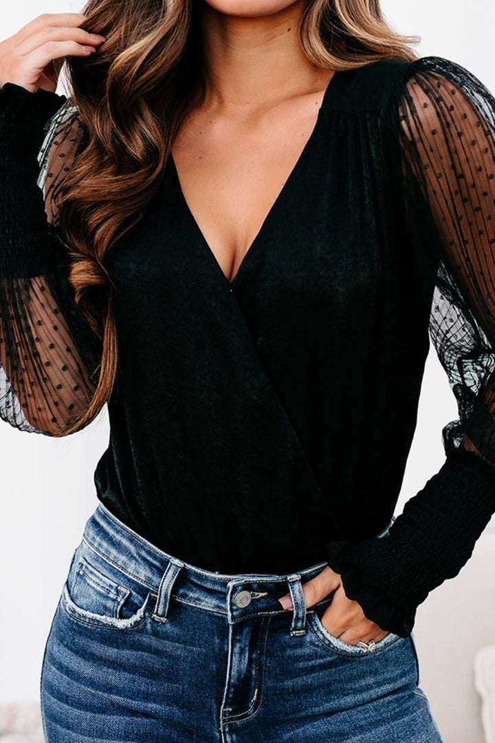 V-Neck Balloon Sleeve Bodysuit - Cheeky Chic Boutique