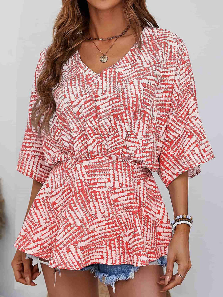 Printed V-Neck Dolman Sleeve Blouse - Cheeky Chic Boutique