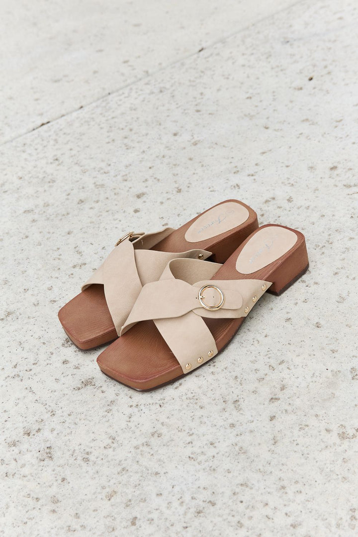 Forever Link Square Toe Cross Strap Buckle Clog Sandal in Sand - Cheeky Chic Boutique
