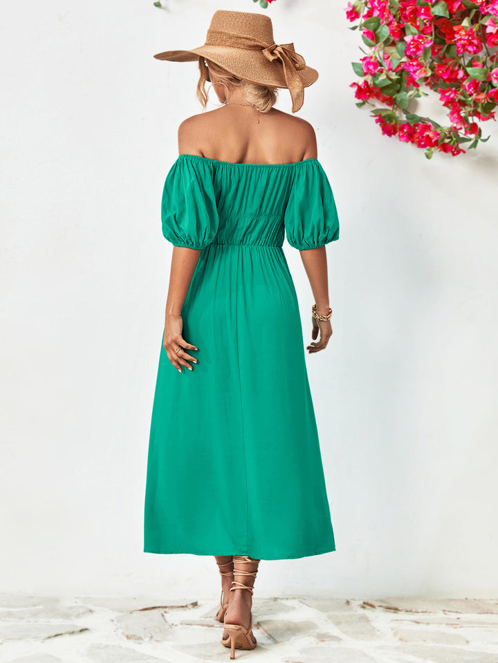 Off-Shoulder Balloon Sleeve Midi Dress - Cheeky Chic Boutique