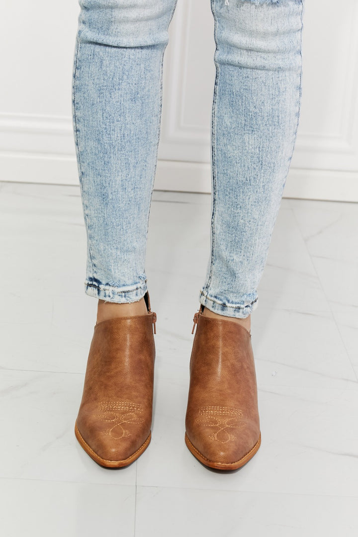 MMShoes Trust Yourself Embroidered Crossover Cowboy Bootie in Caramel - Cheeky Chic Boutique