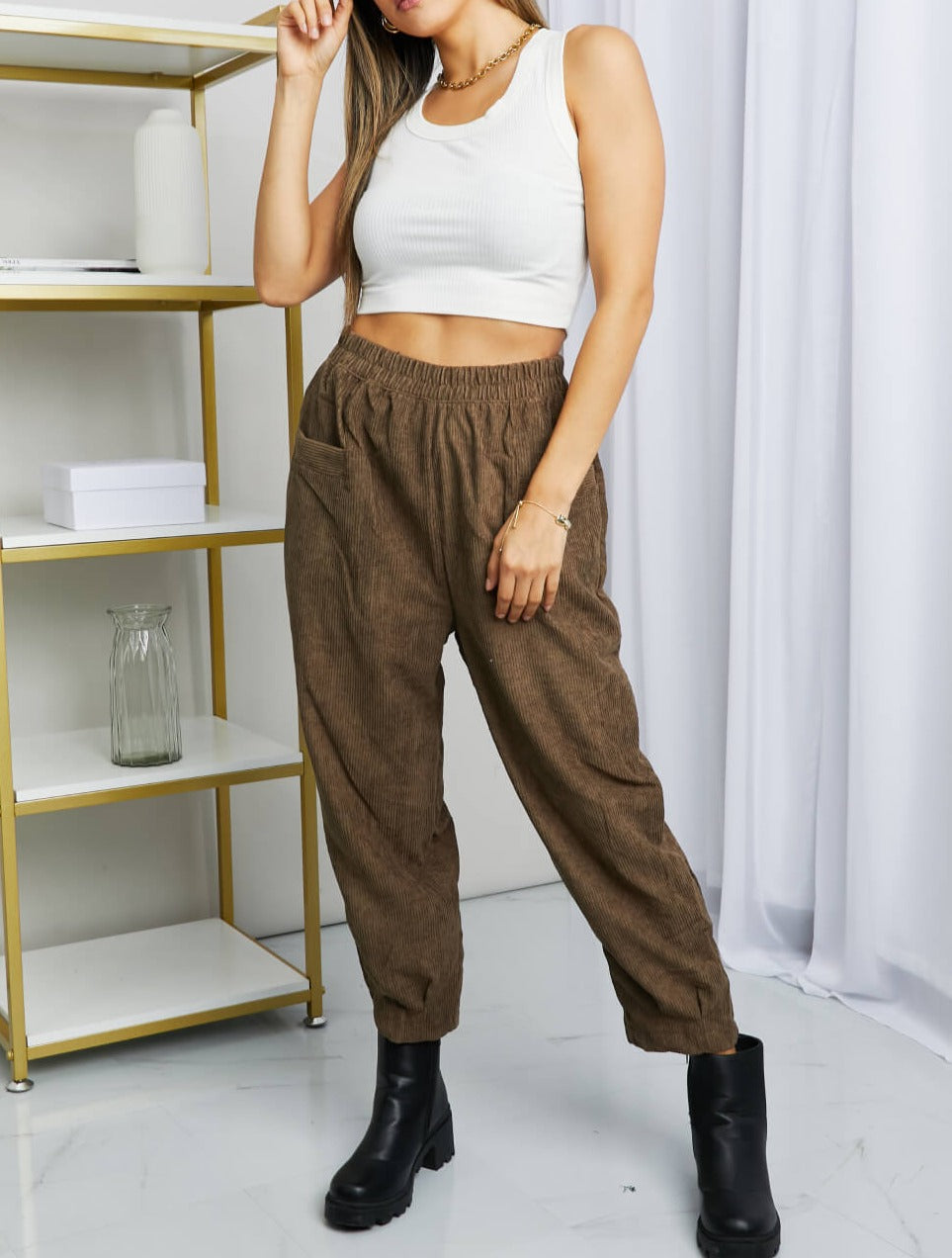 Zenana School Night Corduroy Loose Fit Pants in Mocha - Cheeky Chic Boutique