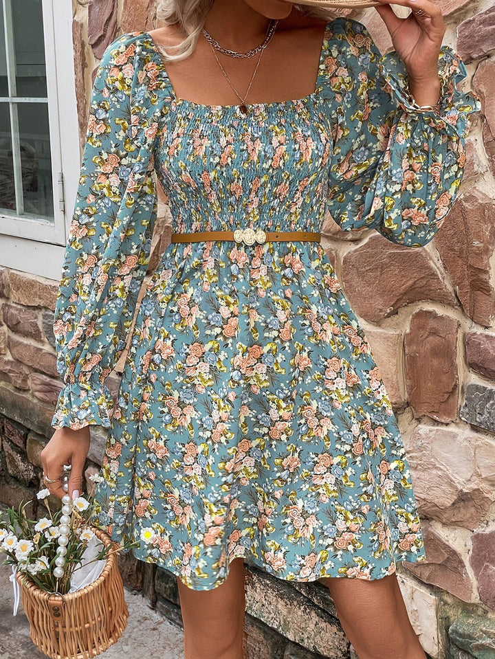 Floral Smocked Flounce Sleeve Square Neck Dress - Cheeky Chic Boutique
